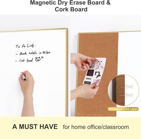 ARCOBIS Cork Board Board Board Combo ، Frame Board-Gold Board-Gold 24 × 18 بوصة ، لوحة محو جاف مغناطيسي و Corkboard للورقة ، لوحة الرؤية للمنزل ، المكتب ، المدرسة in Kuwait