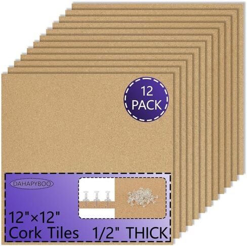 Cork Board Bulletin Board 12x12,1/2" Thick Cork Board Tiles 6 Pack, Self-Adhesive Small Square Pin Board for Walls, Corkboards for Office Home School Message/Vision Board Decoration. in Saudi Arabia