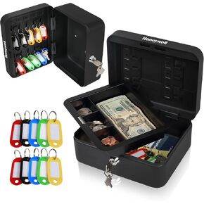 Honeywell Safes & Door Locks - Standard Small Cash Box with Removable Money Tray - Storage Under Tray & 5 Coin Slots - Durable Metal Safe with Key Lock - Saving Money Lock Box - Black, 0.14 CU - 6112