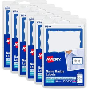 Avery Customizable Name Tags, 2-1/3" x 3-3/8", White with Blue Border, 100 Removable Name Badges (05144)