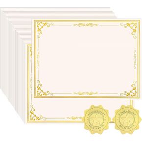 100 Sheets Certificate Paper with 100 Pcs Gold Seal Stickers, 8.5 × 11'' Printable Award Certificates for Graduation Marriage, Business Awards, Employee Recognition, Teacher Appreciation Certificates