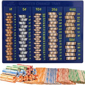 Coin Counter and Sorters Money Tray – Bundled with 64 Coin Roll Wrappers – 6 Storage Compartment Change Organizer and Holder - Ideal Coin Dispenser for Bank Tellers Business or Home Use