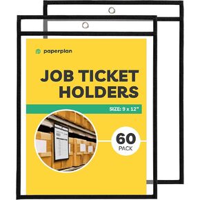 Job Ticket Holders 9x12 - (30 Pack), 8.5 x 11 Letter Size, Dry Erase Pockets, Clear & Black Plastic Sleeves - Reusable, Water-Resistant
