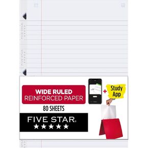 Five Star Loose Leaf Paper Plus Study App, Notebook Paper, Wide Ruled Filler Paper, Reinforced, Fights Ink Bleed, 8 x 10.5, 80 Sheets (150002)