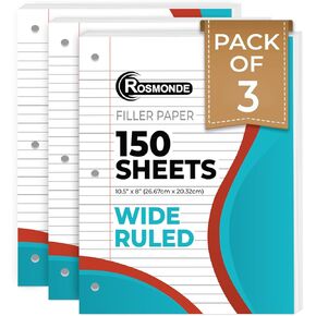 Loose Leaf Paper, 450 Sheets, 3 Pack, 56 gsm Wide Ruled Sheets, 8" x 10.5", Bulk Notebook Paper, 3 Hole Punched, 150 Sheets/Pack, Wide Ruled Paper for Binders, Loose Leaf Office Paper, White