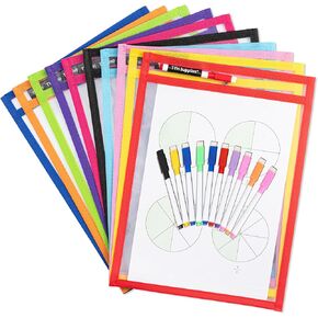 TYH Supplies 10 Pack Heavy Duty Dry Erase Pocket Sleeves | 10 x 14 Inch Sheets | 10 Assorted Colors | Ultra Clear Plastic Erasable Pockets
