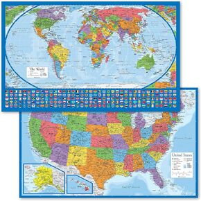 2 Pack - Laminated World Map Poster & USA Map Set - Equal Earth world map design shows continents at true relative size - US Map 18" x 29"