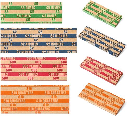 ESSENTIAL 100 pcs Assorted Packed Flat Stripped Coin Wrappers, Coin Rolls Wrapper for Quarters, Dimes, Nickels, Pennies in Kuwait