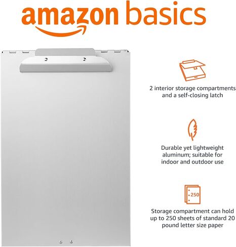 Amazon Basics Metal Clipboard with 2 Compartments and Interior 250 Sheet Paper Storage, 14.09 x 9.21 x 2.6 Inches, letter size, Silver in Saudi Arabia