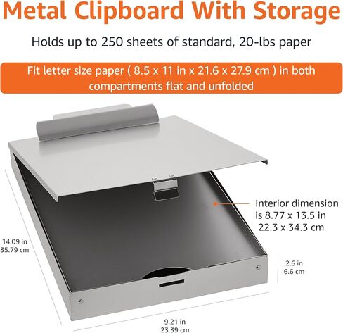 Amazon Basics Metal Clipboard with 2 Compartments and Interior 250 Sheet Paper Storage, 14.09 x 9.21 x 2.6 Inches, letter size, Silver in Saudi Arabia