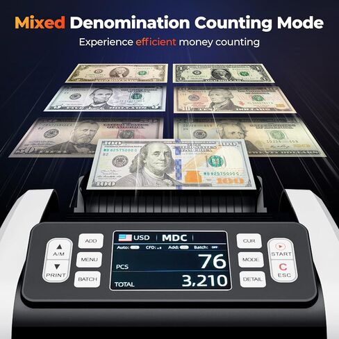 Munbyn IMC09 آلة عداد المذهب المختلط ، عد القيمة ، UV/Mg/IR/MT Bill Counter ، 3.5 "عرض طابعة العد الأموال TFT ، USD ، EUR ، MXN Cash Counter for Business (Black) in Saudi Arabia