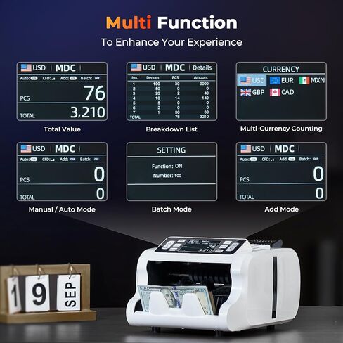 Munbyn IMC09 آلة عداد المذهب المختلط ، عد القيمة ، UV/Mg/IR/MT Bill Counter ، 3.5 "عرض طابعة العد الأموال TFT ، USD ، EUR ، MXN Cash Counter for Business (Black) in Saudi Arabia
