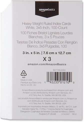 Amazon Basics Heavy Weight Ruled Lined Index Cards, 300 Count, 100 Pack of 3, White, 3 x 5 Inch Card in Saudi Arabia
