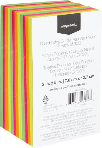 تحكم Amazon Basics بطاقات فلاش الفهرس للدراسة وأخذ الملاحظات ، ومتنوعة من النيون الملونة ، 3x5 بوصة ، 300 متر in Saudi Arabia