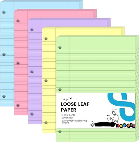 Koogel 300 Sheets Loose Leaf Paper, Wide Ruled Binder Paper Colorful Office Filler Paper 3-Ring Binders for School Office 8x10.5inch 5 Colors in Kuwait