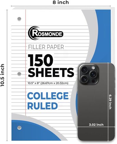 Loose Leaf Paper, 450 Sheets, 3 Pack, College Ruled Paper, 8" x 10.5", Bulk Office Filler Paper, 3 Hole Punched, 150 Sheets/Pack, 56 gsm Paper, College Ruled Notebook Paper for Binder, White in Saudi Arabia