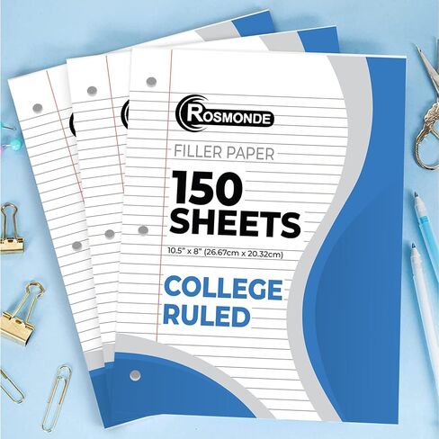 Loose Leaf Paper, 450 Sheets, 3 Pack, College Ruled Paper, 8" x 10.5", Bulk Office Filler Paper, 3 Hole Punched, 150 Sheets/Pack, 56 gsm Paper, College Ruled Notebook Paper for Binder, White in Saudi Arabia