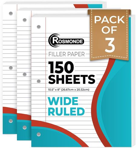 Loose Leaf Paper, 450 Sheets, 3 Pack, 56 gsm Wide Ruled Sheets, 8" x 10.5", Bulk Notebook Paper, 3 Hole Punched, 150 Sheets/Pack, Wide Ruled Paper for Binders, Loose Leaf Office Paper, White in Saudi Arabia