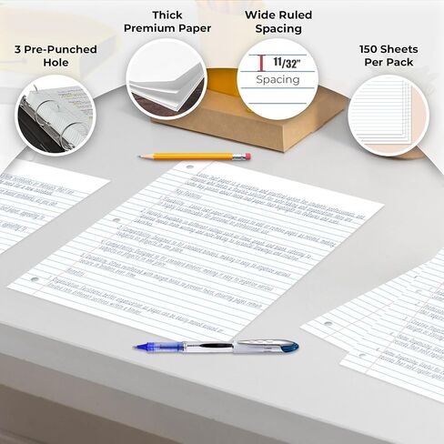 Loose Leaf Paper, 450 Sheets, 3 Pack, 56 gsm Wide Ruled Sheets, 8" x 10.5", Bulk Notebook Paper, 3 Hole Punched, 150 Sheets/Pack, Wide Ruled Paper for Binders, Loose Leaf Office Paper, White in Saudi Arabia