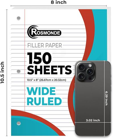 Loose Leaf Paper, 450 Sheets, 3 Pack, 56 gsm Wide Ruled Sheets, 8" x 10.5", Bulk Notebook Paper, 3 Hole Punched, 150 Sheets/Pack, Wide Ruled Paper for Binders, Loose Leaf Office Paper, White in Saudi Arabia