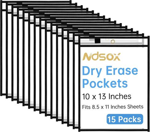 Ndsox 15 Packs Oversized Dry Erase Pockets Reusable Plastic Sleeves Clear Job Ticket Holders Heavy Duty Transparent Hanging Sheet Protectors for Teacher Classroom School Office Work Warehouse, Black in Saudi Arabia