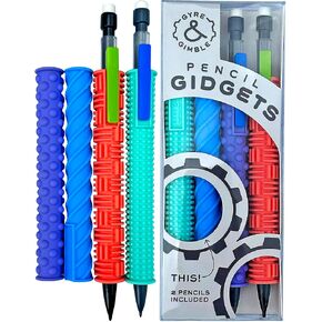 Gyre & Gimble Pencil Gidgets–Textured Silicone Pencil Sleeve for Quiet Fidgeting–Transform Your Mechanical Pencil into a Tool of Focus and Tranquility – 4 Sleeves & 2 Pencils – Pink/Green/Blue/Gray