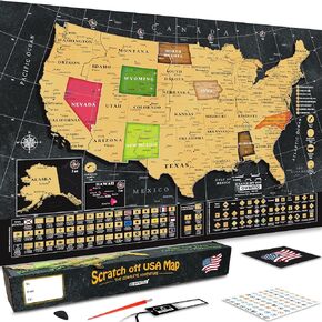OVANTO Scratch Off World Map & US Map-Durable 17x24" United States Map & World Travel Map with Pins & Accessory Set–Easy to Scratch Off Maps with Colored Details in Name-Tagged Gift Box for Travelers