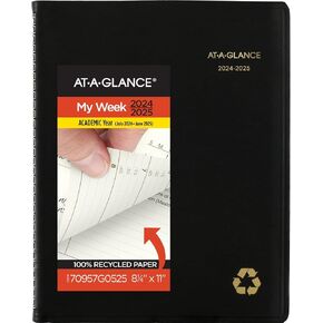 AT-A-GLANCE Planner 2024-2025 Academic, Weekly & Monthly, Quarter-Hourly Appointment Book, 8-1/4" x 11", Large, Monthly Tabs, Flexible Cover, Recycled, Black (70957G05)