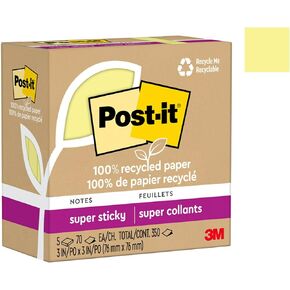Post-it 100% Recycled Paper Super Sticky Notes, 2X The Sticking Power, 3x3 in, 5 Pads, 70 Sheets/Pad, Wanderlust Pastels Collection (654R-5SSNRP)