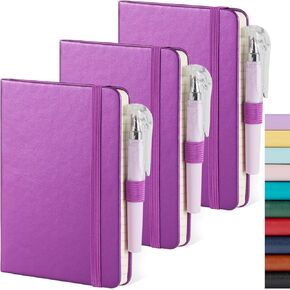 3 Pack Pocket Notebook Journals, Small Notepad Notebooks for Note Taking, A6 Mini Note pads with Pen Holder, 408 Lined Pages, 3.7" x 5.7", Black, Brown, Blue