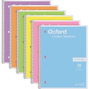 Oxford Spiral Notebook, 1 Subject, College Ruled Paper, 8 x 10-1/2 Inch, Pastel Pink, Orange, Yellow, Green, Blue and Purple, 70 Sheets (63756), Set of 6