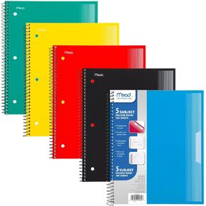 Mead Spiral Notebooks, Pack of 5, 1-Subject, College Ruled Paper, Plastic Cover, 8-1/2" x 11", 100 Sheets, Black, Yellow, Red, Blue and Green (820299)