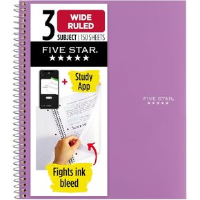 Five Star Spiral Notebook + Study App, 3 Subject, Wide Ruled Paper, 150 Sheets, 10-1/2" x 8" Sheet Size, Tidewater Blue (73184)