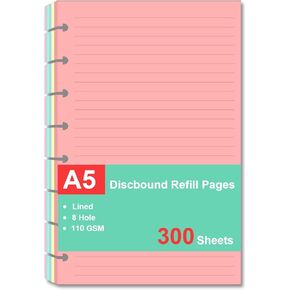 Junior Size Refills Paper, A5 Loose Leaf Paper for TUL Custom Note-Taking System Discbound Notebook Planner Inserts, 5 Colors(20 Sheets/C), Total 100 Sheets/200 Pages, College Ruled, 5.5 X 8.5 Inch