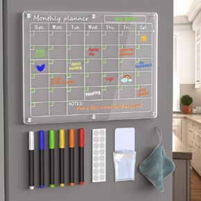 Magnetic Acrylic Calendar for Fridge,2 Pack 12"x16" Clear Fridge Calendar Dry Erase Magnetic Planning Boards Set Includes 6 Colorful Highlight Markers,Magnetic Pen Holder and Erase Towel