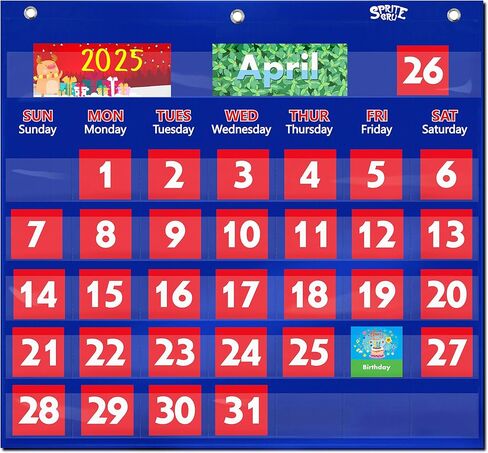 Calendar Pocket Chart, Classroom Monthly Pocket Chart with 76 Cards (68 Illustrated Activity Cards, 8 Dry Erase Blank Cards) plus 3 Over Door Metal Hangers for Classroom Home Preschool (20" x 19") in Kuwait