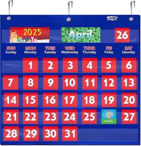 Calendar Pocket Chart, Classroom Monthly Pocket Chart with 76 Cards (68 Illustrated Activity Cards, 8 Dry Erase Blank Cards) plus 3 Over Door Metal Hangers for Classroom Home Preschool (20" x 19") in Kuwait