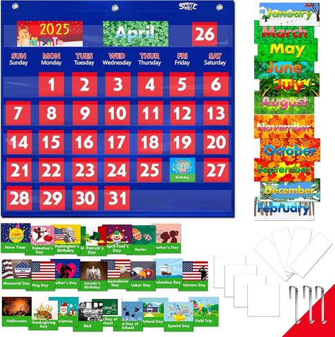 Calendar Pocket Chart, Classroom Monthly Pocket Chart with 76 Cards (68 Illustrated Activity Cards, 8 Dry Erase Blank Cards) plus 3 Over Door Metal Hangers for Classroom Home Preschool (20" x 19") in Kuwait