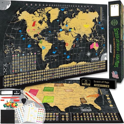 OVANTO Scratch Off World Map & US Map-Durable 17x24" United States Map & World Travel Map with Pins & Accessory Set–Easy to Scratch Off Maps with Colored Details in Name-Tagged Gift Box for Travelers in Kuwait