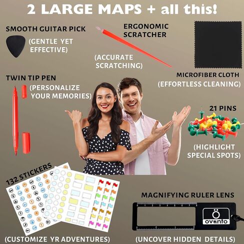 OVANTO Scratch Off World Map & US Map-Durable 17x24" United States Map & World Travel Map with Pins & Accessory Set–Easy to Scratch Off Maps with Colored Details in Name-Tagged Gift Box for Travelers in Kuwait