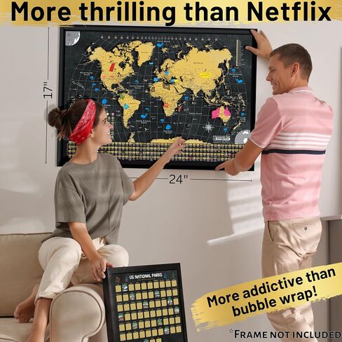 OVANTO Scratch Off World Map & US Map-Durable 17x24" United States Map & World Travel Map with Pins & Accessory Set–Easy to Scratch Off Maps with Colored Details in Name-Tagged Gift Box for Travelers in Kuwait
