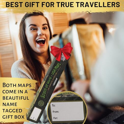 OVANTO Scratch Off World Map & US Map-Durable 17x24" United States Map & World Travel Map with Pins & Accessory Set–Easy to Scratch Off Maps with Colored Details in Name-Tagged Gift Box for Travelers in Kuwait