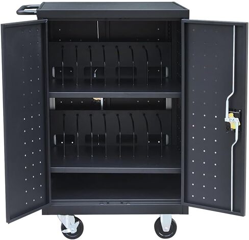 Pearington 20 Device Mobile Charging and Storage Cart for iPads, Chromebooks and Laptop Computers, Up To 17-Inch Screen Size, Surge Protection, Front & Back Access Locking Cabinet, Black in Saudi Arabia