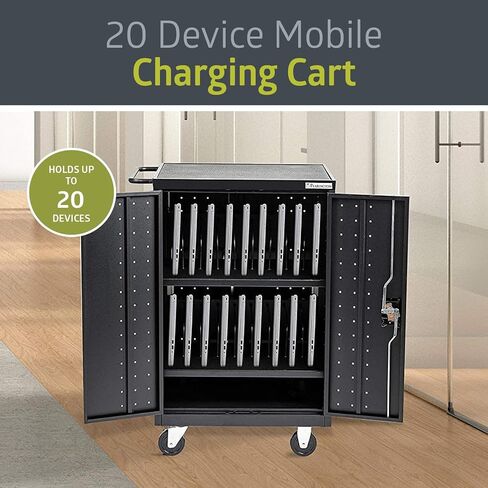 Pearington 20 Device Mobile Charging and Storage Cart for iPads, Chromebooks and Laptop Computers, Up To 17-Inch Screen Size, Surge Protection, Front & Back Access Locking Cabinet, Black in Saudi Arabia