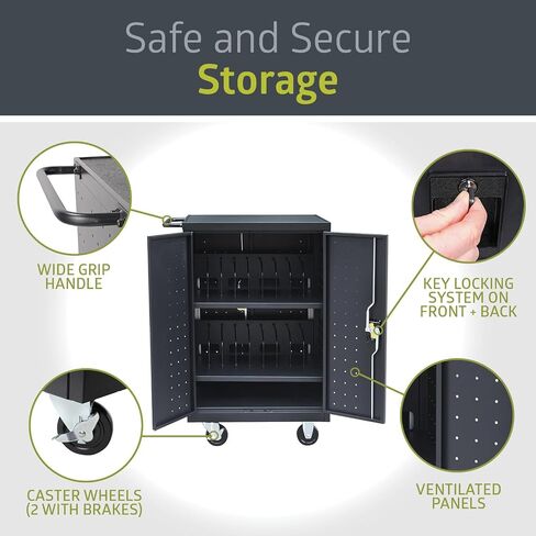 Pearington 20 Device Mobile Charging and Storage Cart for iPads, Chromebooks and Laptop Computers, Up To 17-Inch Screen Size, Surge Protection, Front & Back Access Locking Cabinet, Black in Saudi Arabia