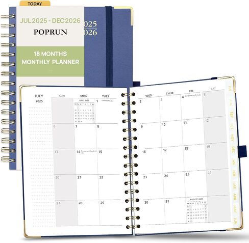 POPRUN Monthly Planner 2025-2026 Spiral Bound (6.25'' x 8.5'') 18 Months Calendar (Jul. 2025 - Dec. 2026) - 4 Pages per Month with Monthly Dotted Note Pages, Sunday Start, HardCover - Burgundy in Saudi Arabia