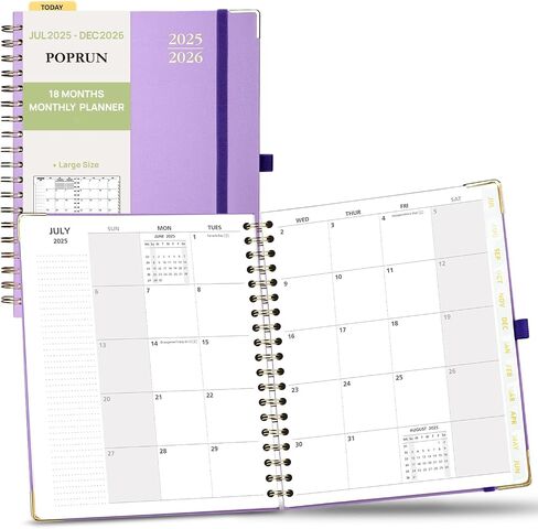 POPRUN Monthly Planner 2025-2026 Spiral Bound (6.25'' x 8.5'') 18 Months Calendar (Jul. 2025 - Dec. 2026) - 4 Pages per Month with Monthly Dotted Note Pages, Sunday Start, HardCover - Burgundy in Saudi Arabia