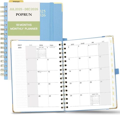 POPRUN Monthly Planner 2025-2026 Spiral Bound (6.25'' x 8.5'') 18 Months Calendar (Jul. 2025 - Dec. 2026) - 4 Pages per Month with Monthly Dotted Note Pages, Sunday Start, HardCover - Burgundy in Saudi Arabia