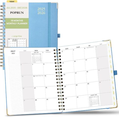 POPRUN Monthly Planner 2025-2026 Spiral Bound (6.25'' x 8.5'') 18 Months Calendar (Jul. 2025 - Dec. 2026) - 4 Pages per Month with Monthly Dotted Note Pages, Sunday Start, HardCover - Burgundy in Saudi Arabia
