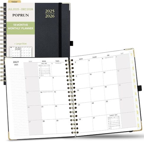 POPRUN Monthly Planner 2025-2026 Spiral Bound (6.25'' x 8.5'') 18 Months Calendar (Jul. 2025 - Dec. 2026) - 4 Pages per Month with Monthly Dotted Note Pages, Sunday Start, HardCover - Burgundy in Saudi Arabia